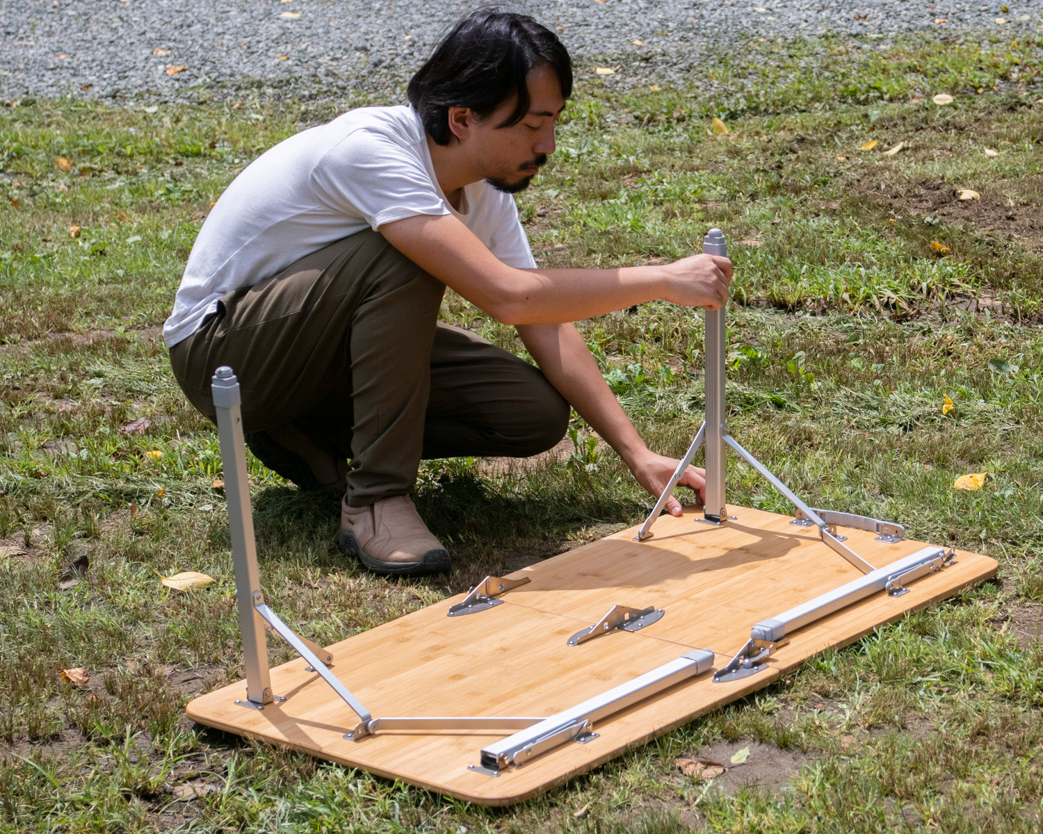 バンブーテーブル 60cm×60cm 無段階高さ調節 四つ折りコンパクト収納